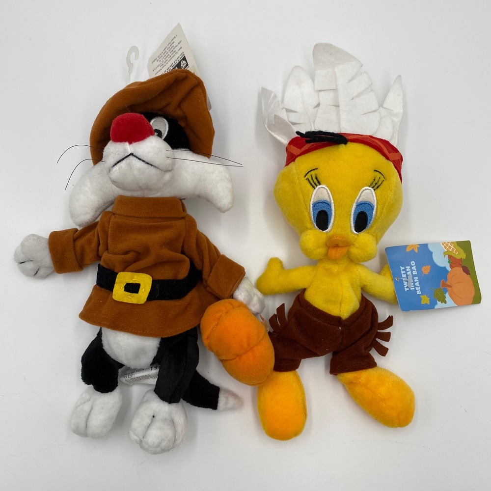 Warner Bros Sylvester Tweety Bean Bag Plush Pilgrim Thanksgiving Fall 10"‎